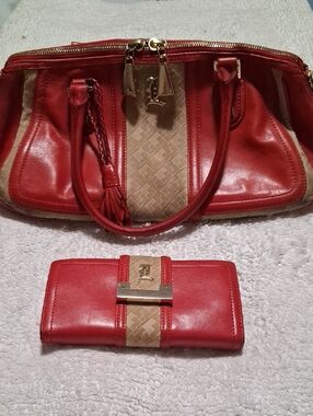 L.A.M.B. Matching Red and Beige Logo-Accent Leather Bag & Wallet